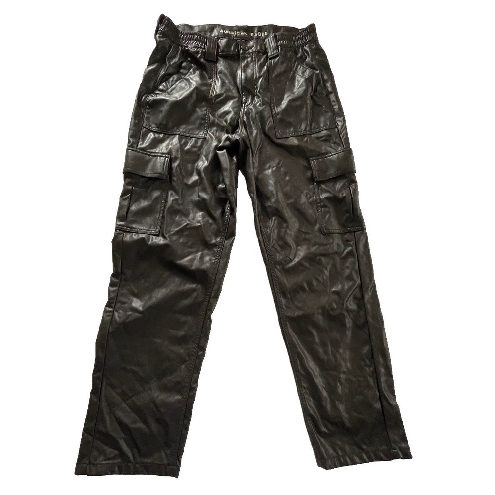 American Eagle Stretch HighWaisted Vegan Leather Straight Cargo Pant Brown Sz 12